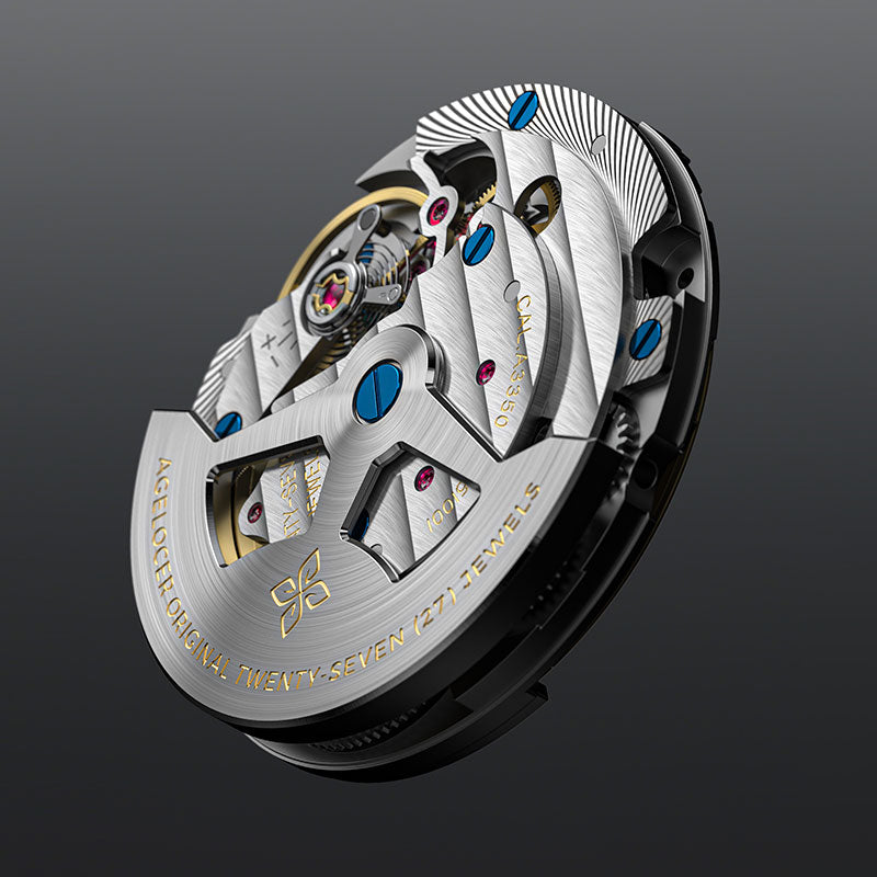 Agelocer Petite Seconde in-house automatic movement, Cal A3350 with 27 jewels and engraved rotor, close-up