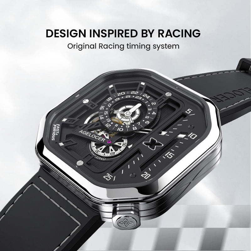 Agelocer Racing Fast & Furious watch, racing-inspired design feature, black leather