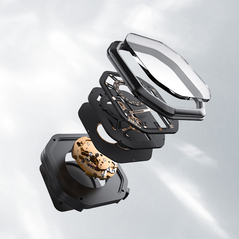 Agelocer Racing Fast & Furious watch exploded view of case and movement