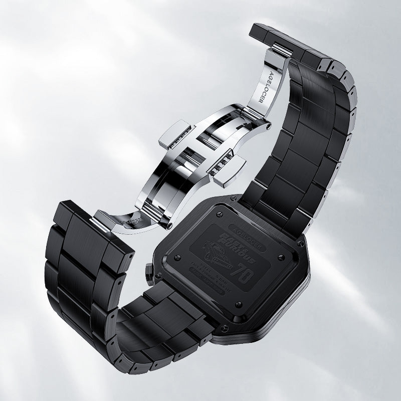 Agelocer Racing Fast & Furious steel bracelet with folding clasp and signature buckle, close-up detail