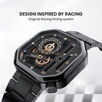 Agelocer Racing Fast & Furious steel-bracelet watch inspired by racing timing systems, black dial, angled view