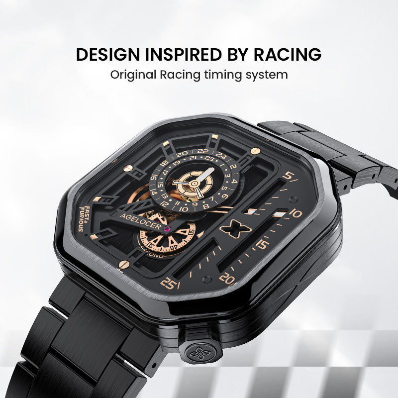 Agelocer Racing Fast & Furious steel-bracelet watch inspired by racing timing systems, black dial, angled view