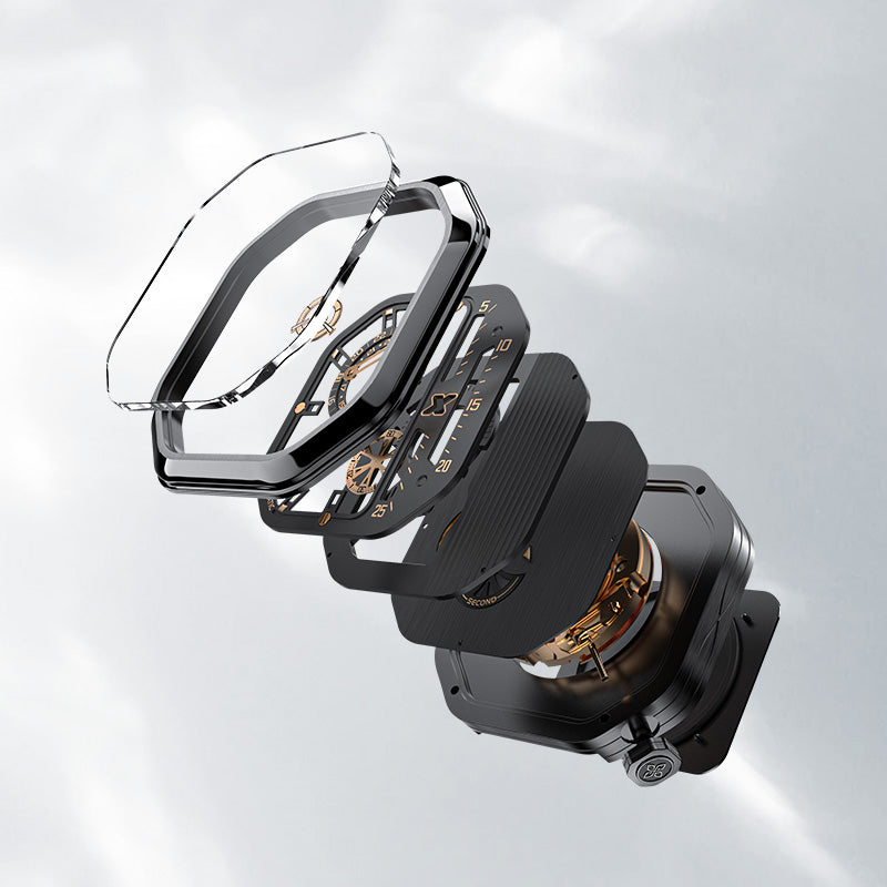 Exploded view of Agelocer Racing Fast & Furious steel watch showing octagonal case and automatic movement