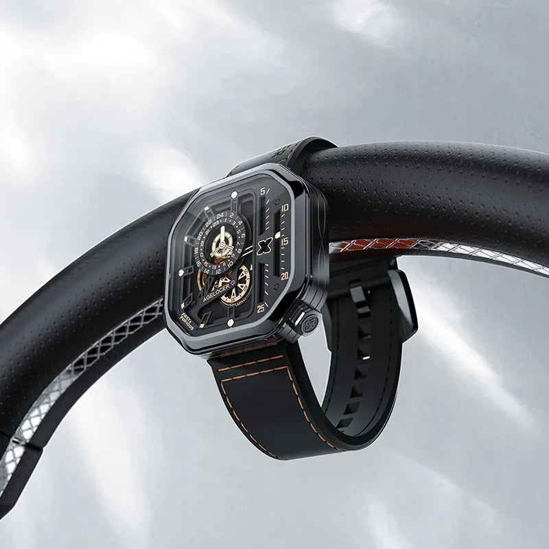 Agelocer Racing Fast & Furious watch resting on a car steering wheel
