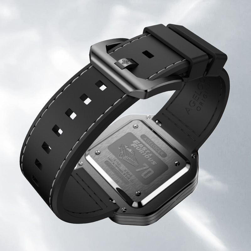 Agelocer Racing Fast & Furious watch, black leather strap and buckle detail