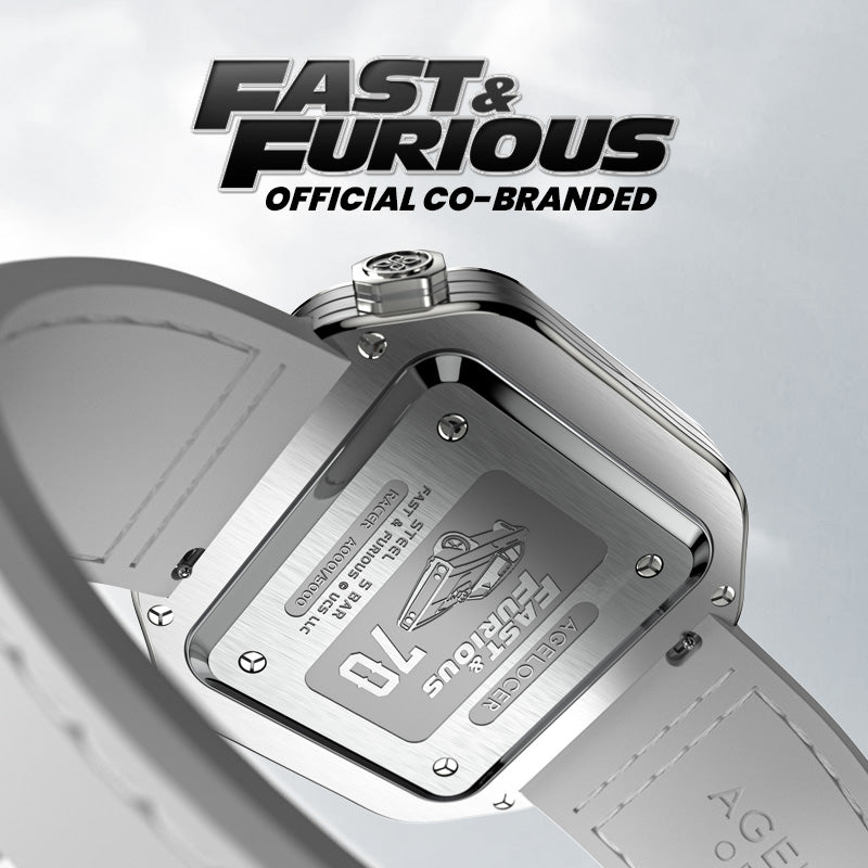 Caseback of Agelocer Racing Fast & Furious women's watch with official co-branded car engraving, white strap