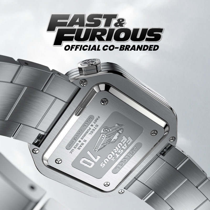Caseback of Agelocer Racing Fast & Furious women's watch with official co-branded car engraving, steel bracelet