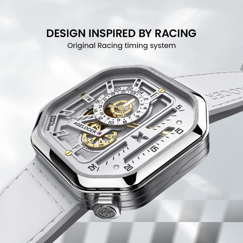 Agelocer Racing Fast & Furious women's watch inspired by racing timing systems, white skeleton dial, angled view