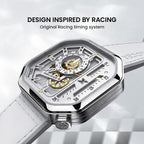 Agelocer Racing Fast & Furious women's watch inspired by racing timing systems, white skeleton dial, angled view