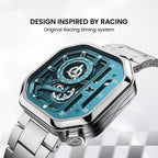 Agelocer Racing Fast & Furious women's watch inspired by racing timing systems, teal skeleton dial, angled view