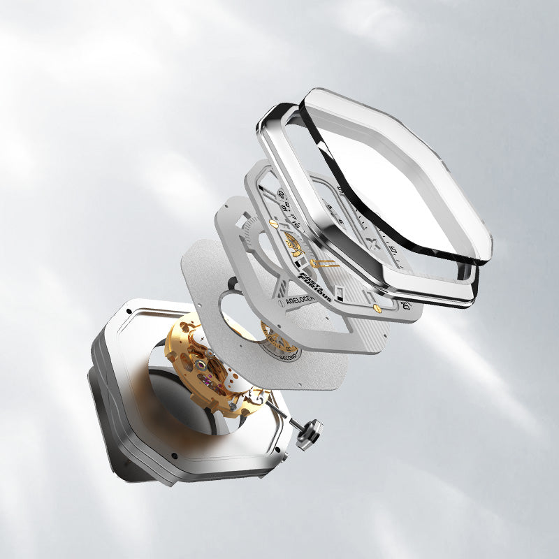 Exploded view of Agelocer Racing Fast & Furious women's watch showing steel case and automatic movement