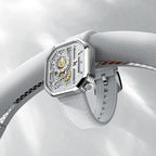 Agelocer Racing Fast & Furious women's white watch resting on a car steering wheel, racing lifestyle shot