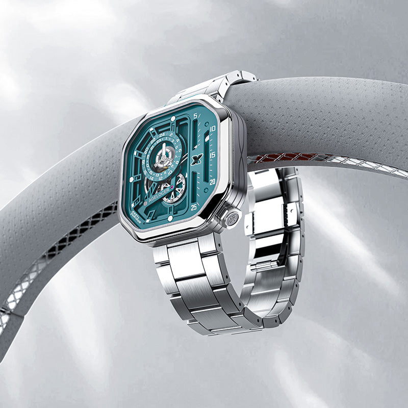 Agelocer Racing Fast & Furious women's teal watch resting on a car steering wheel, racing lifestyle shot