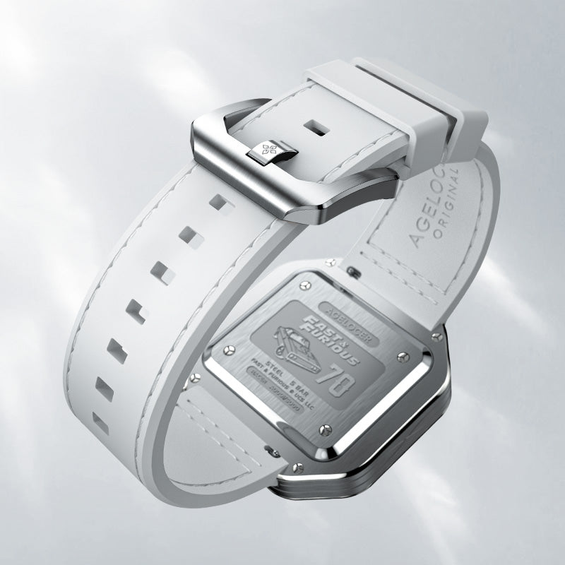 Agelocer Racing Fast & Furious women's white leather strap with signed pin buckle, close-up detail