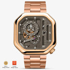 Agelocer Racing Fast & Furious rose gold watch with warm grey-taupe skeleton dial and steel bracelet.