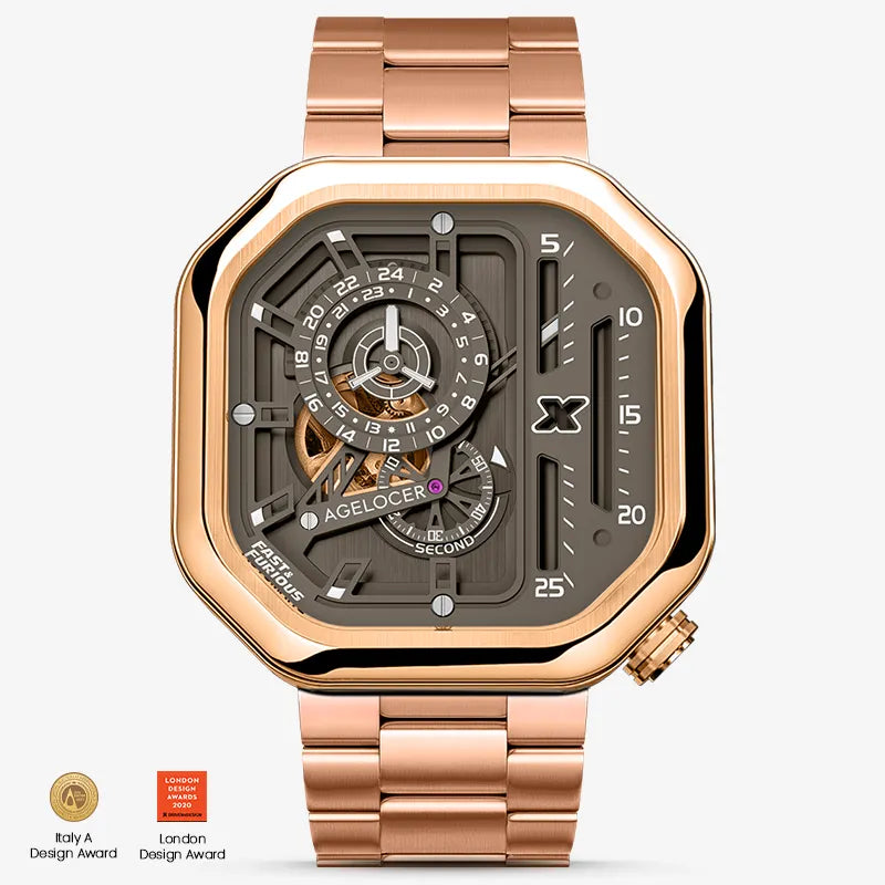 Agelocer Racing Fast & Furious rose gold watch with warm grey-taupe skeleton dial and steel bracelet.