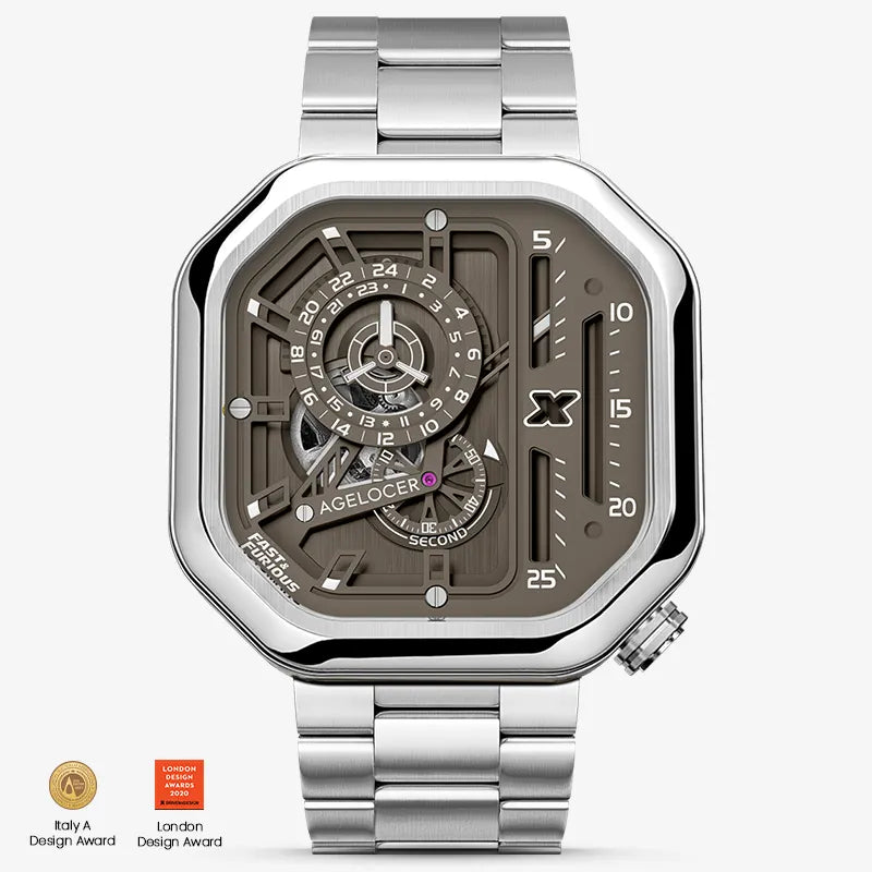 Agelocer Racing Fast & Furious steel watch, grey-taupe skeleton dial and brushed silver bracelet.