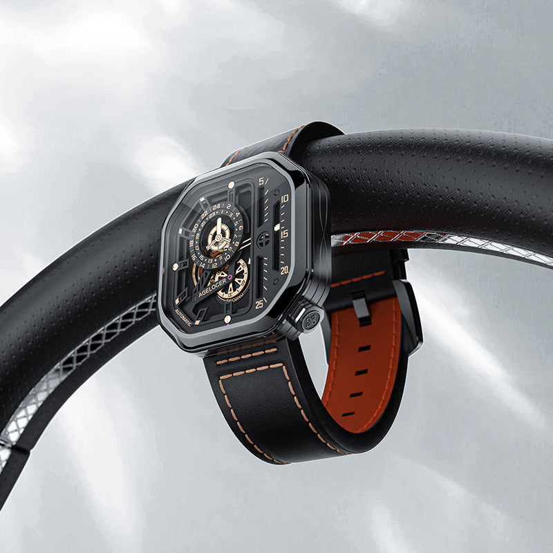 Agelocer Racing Hollow black skeleton watch resting on a car steering wheel, racing lifestyle shot