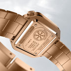 Caseback of Agelocer Racing Square watch, automatic movement, 28 jewels, 42-hour power reserve, sapphire crystal