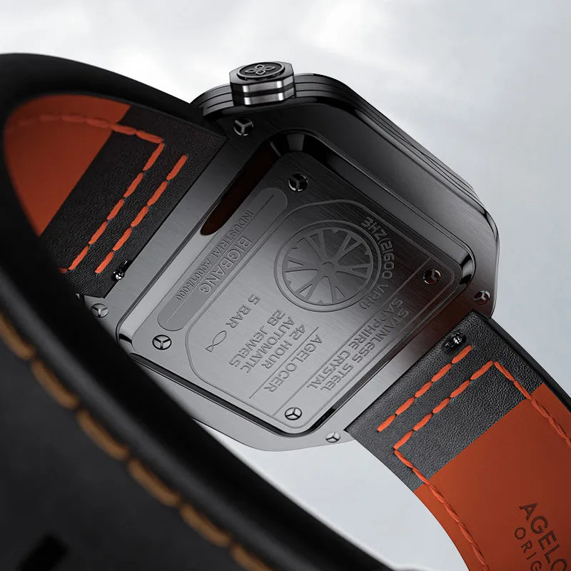 Caseback of Agelocer Racing Square watch, automatic movement, 28 jewels, 42-hour power reserve, sapphire crystal