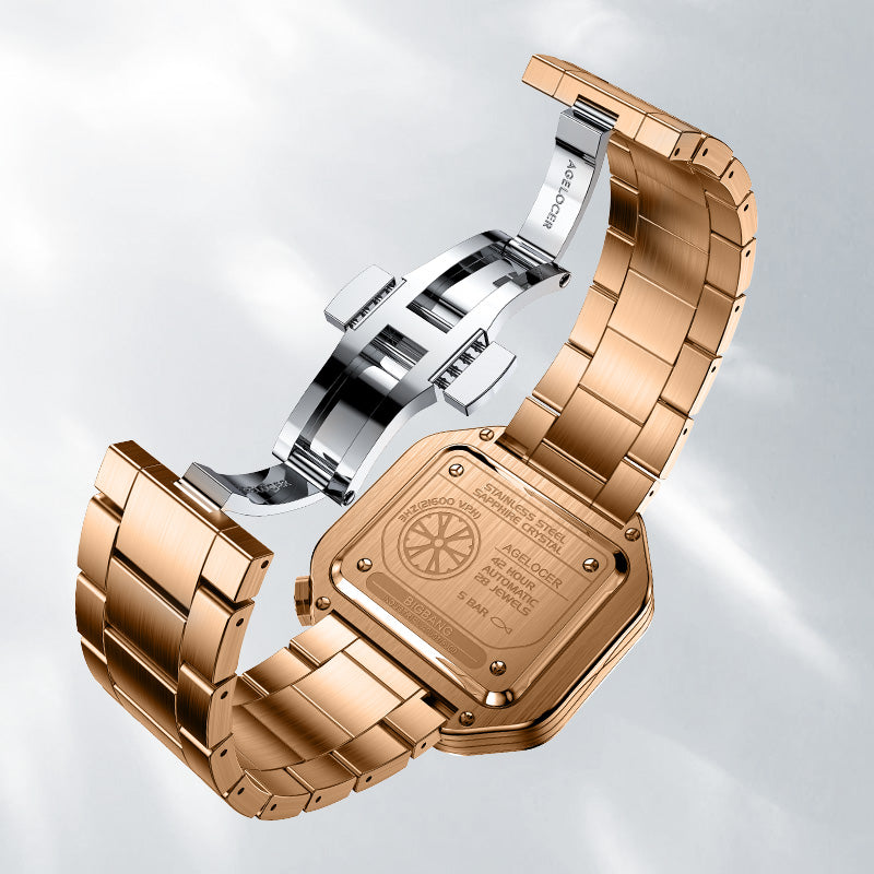 Agelocer Racing Square steel bracelet with folding clasp and signature buckle, close-up detail