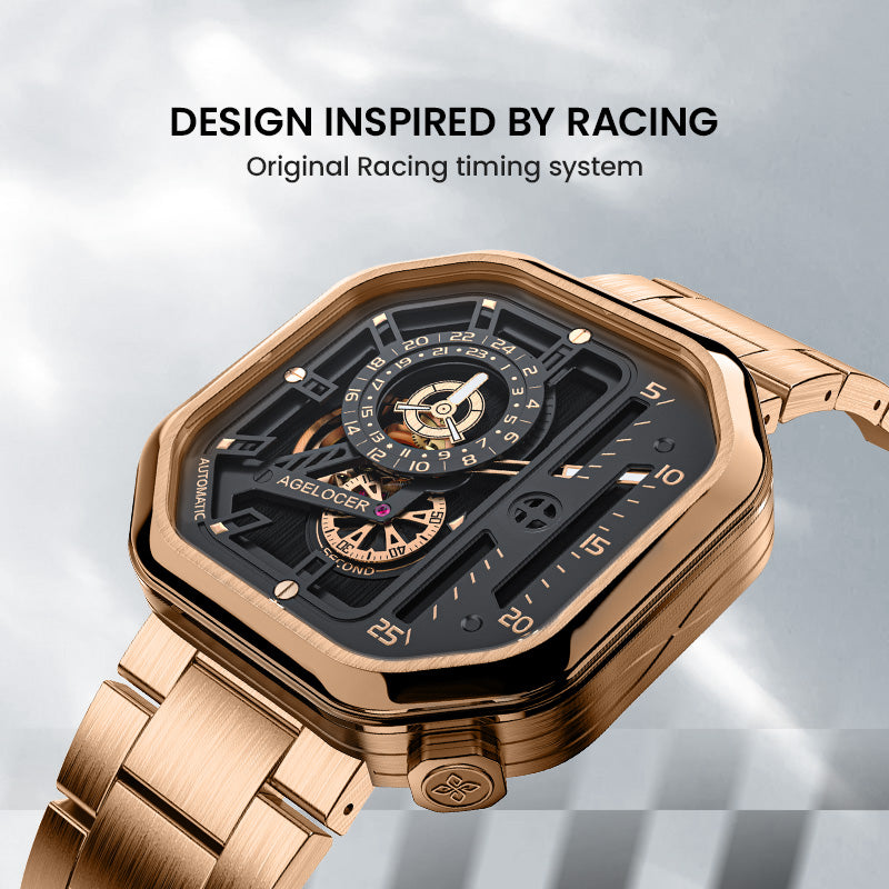 Agelocer Racing Square watch inspired by racing timing systems, rose gold skeleton dial, angled view