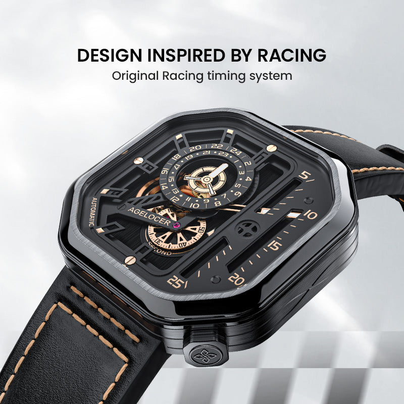 Agelocer Racing Square watch inspired by racing timing systems, black skeleton dial on leather, angled view