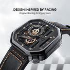 Agelocer Racing Square watch inspired by racing timing systems, black skeleton dial on leather, angled view