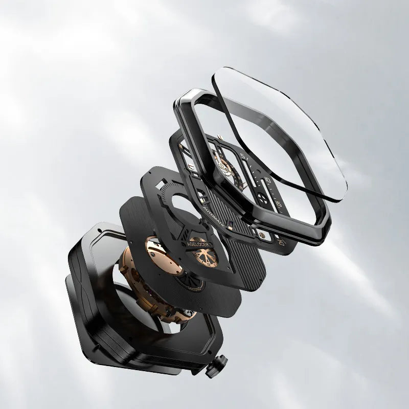 Exploded view of Agelocer Racing Square watch showing octagonal case, sapphire crystal and automatic movement