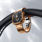 Agelocer Racing Square rose gold skeleton watch resting on a car steering wheel, racing lifestyle shot