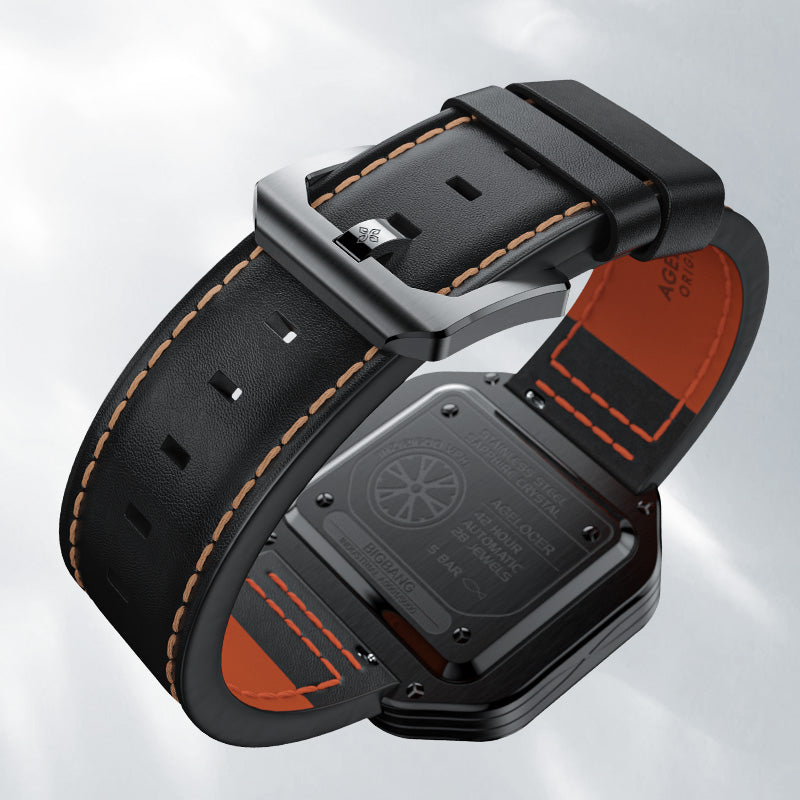 Agelocer Racing Square black leather strap with orange lining and signed pin buckle, detail view