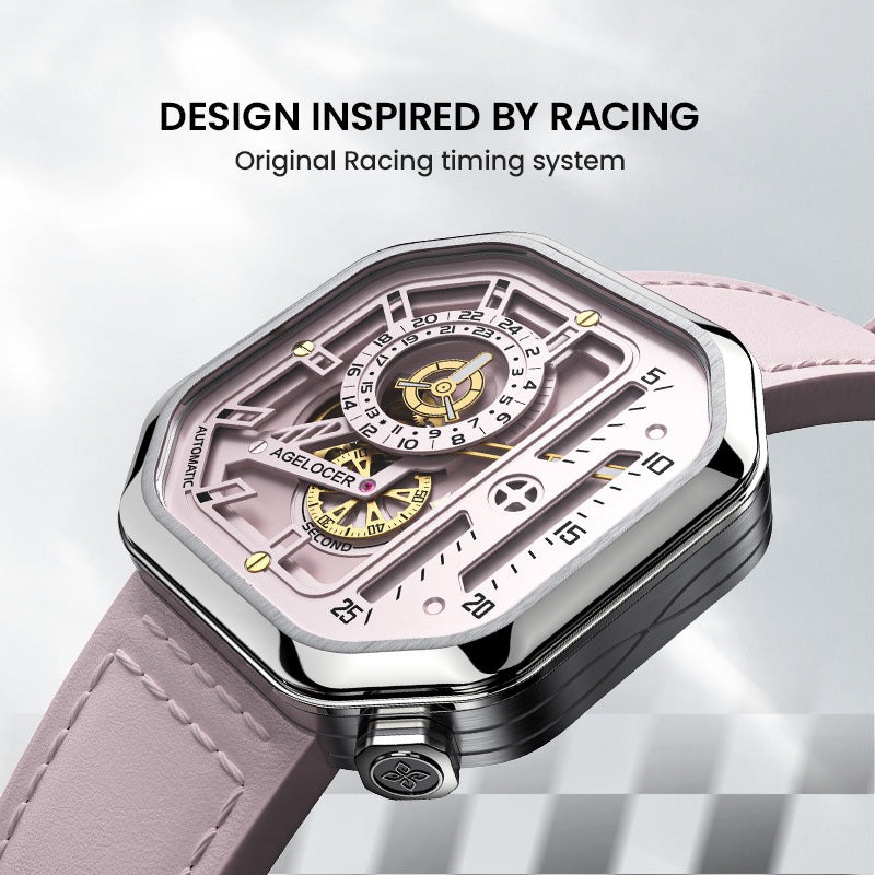 Agelocer Racing women's watch inspired by racing timing systems, pink square dial, angled view