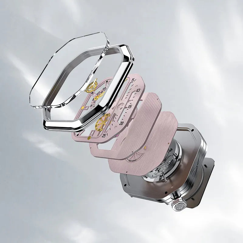 Agelocer Racing women's exploded view showing steel square case, sapphire crystal and automatic movement
