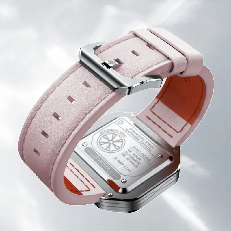 Agelocer Racing women's pink leather strap with orange lining and signed pin buckle, detail view