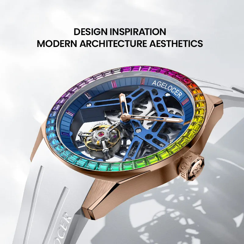 Agelocer rainbow tourbillon inspired by modern architecture, rose gold case and blue skeleton dial