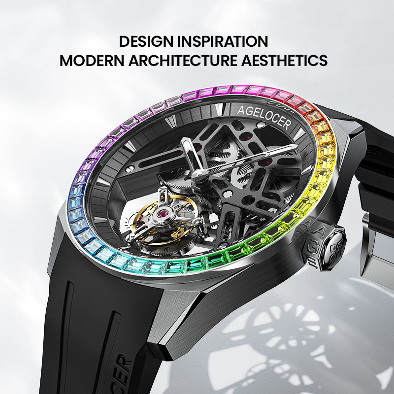 Agelocer Rainbow flying tourbillon watch inspired by modern architecture, rainbow gem bezel and skeleton dial, angled