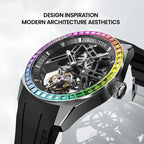 Agelocer Rainbow flying tourbillon watch inspired by modern architecture, rainbow gem bezel and skeleton dial, angled
