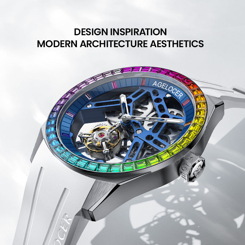 Agelocer rainbow tourbillon watch inspired by modern architecture, gem-set bezel and blue dial, angled view