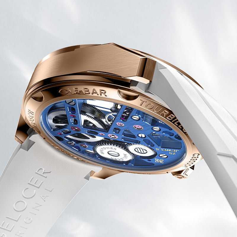 Agelocer rainbow tourbillon caseback, tourbillon, 25 jewels, 5 bar water resistance, white rubber strap