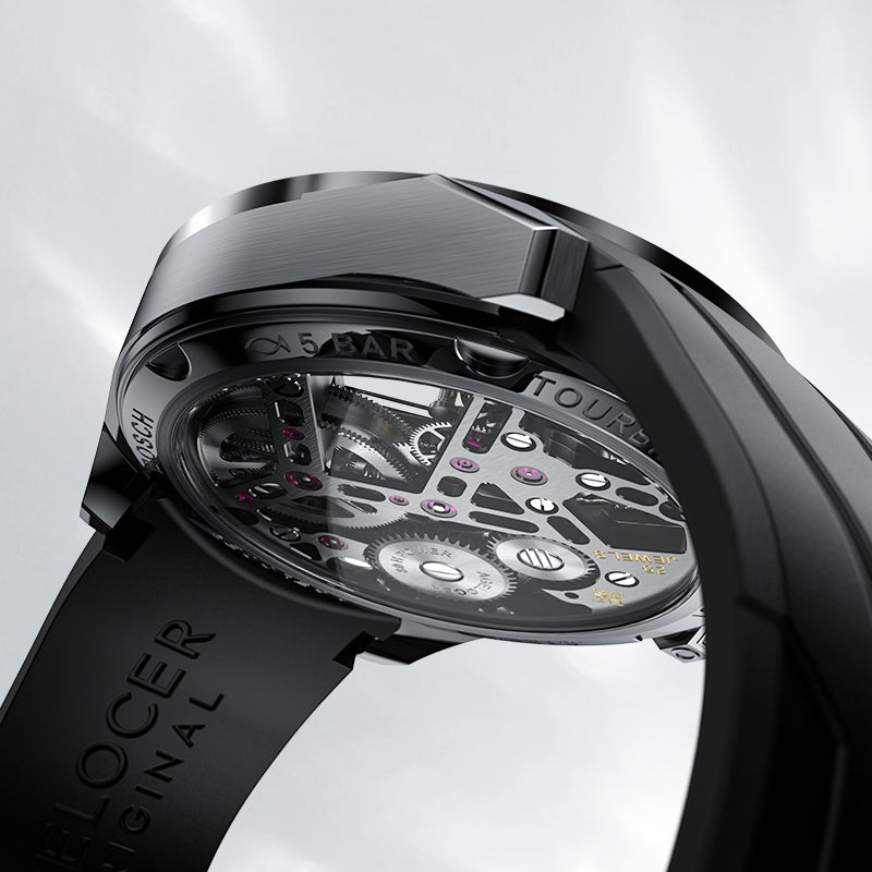 Caseback of Agelocer Rainbow flying tourbillon watch showing skeleton movement, 5 bar and tourbillon marking