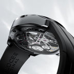 Caseback of Agelocer Rainbow flying tourbillon watch showing skeleton movement, 5 bar and tourbillon marking
