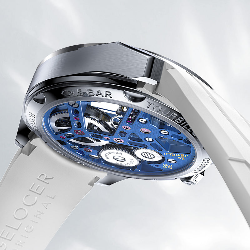 Side profile of Agelocer rainbow tourbillon watch showing blue skeleton movement and white rubber strap