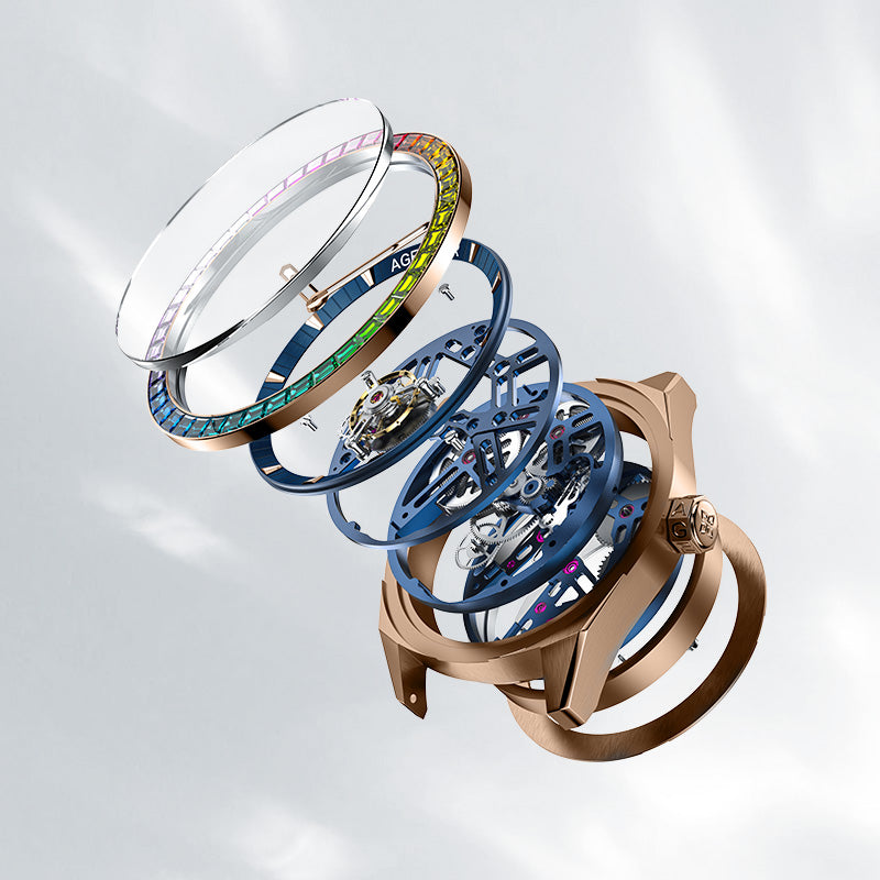 Agelocer rainbow tourbillon exploded view showing rose gold case, gem-set bezel and skeleton movement