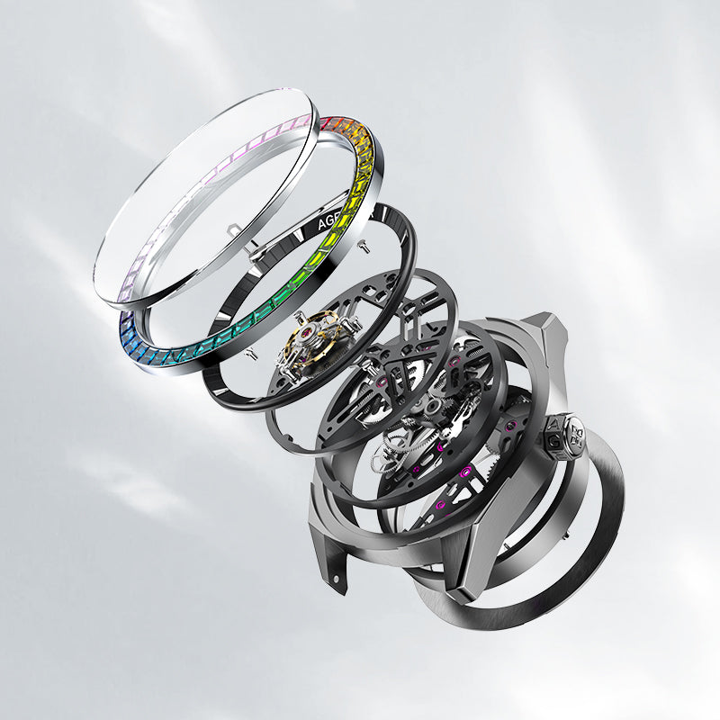 Exploded view of Agelocer Rainbow flying tourbillon watch showing crystal, rainbow gem bezel and movement