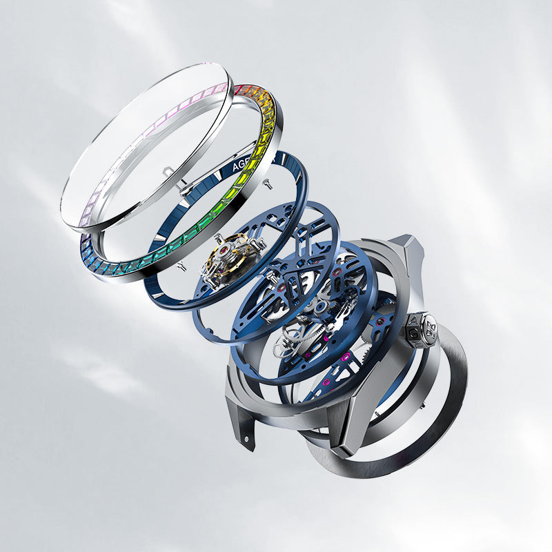 Exploded view of Agelocer rainbow bezel tourbillon watch showing crystal, gem-set bezel and skeleton movement