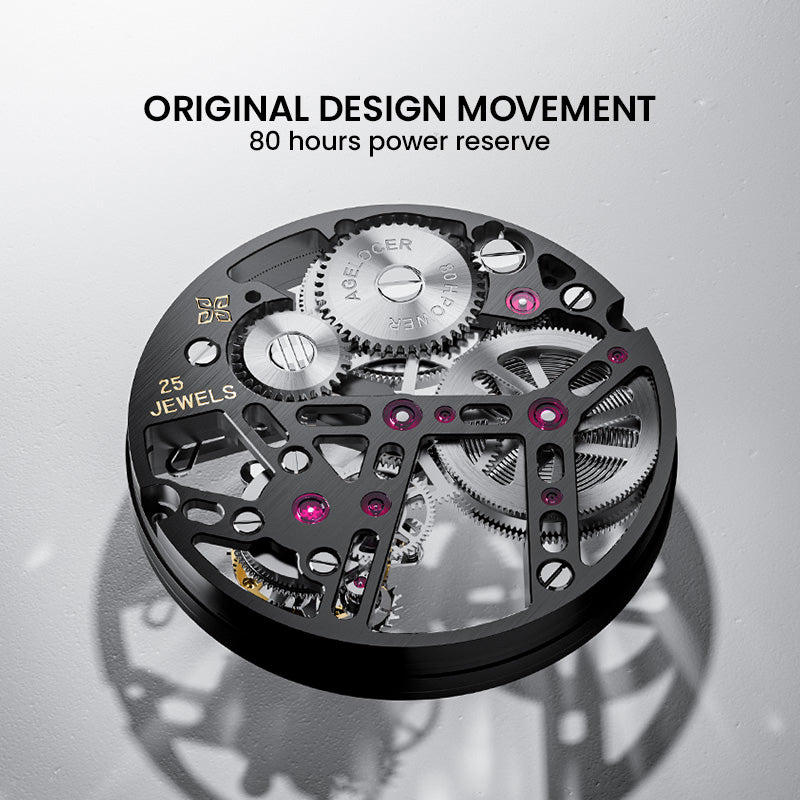 Agelocer Rainbow flying tourbillon original movement with skeleton bridges and 25 jewels, close-up detail