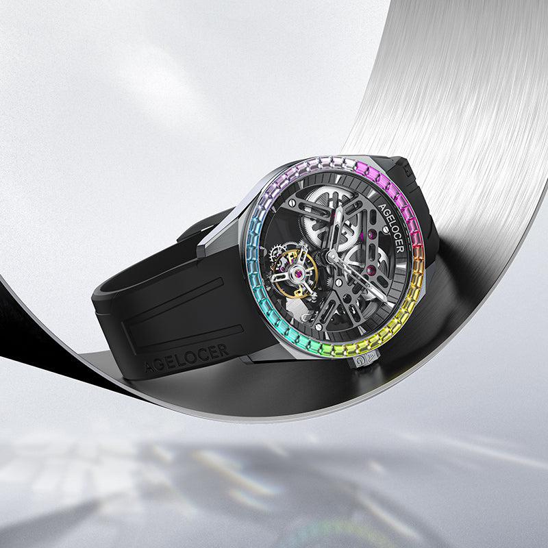 Agelocer Rainbow flying tourbillon watch with rainbow gem bezel and black dial on a curved surface, showcase