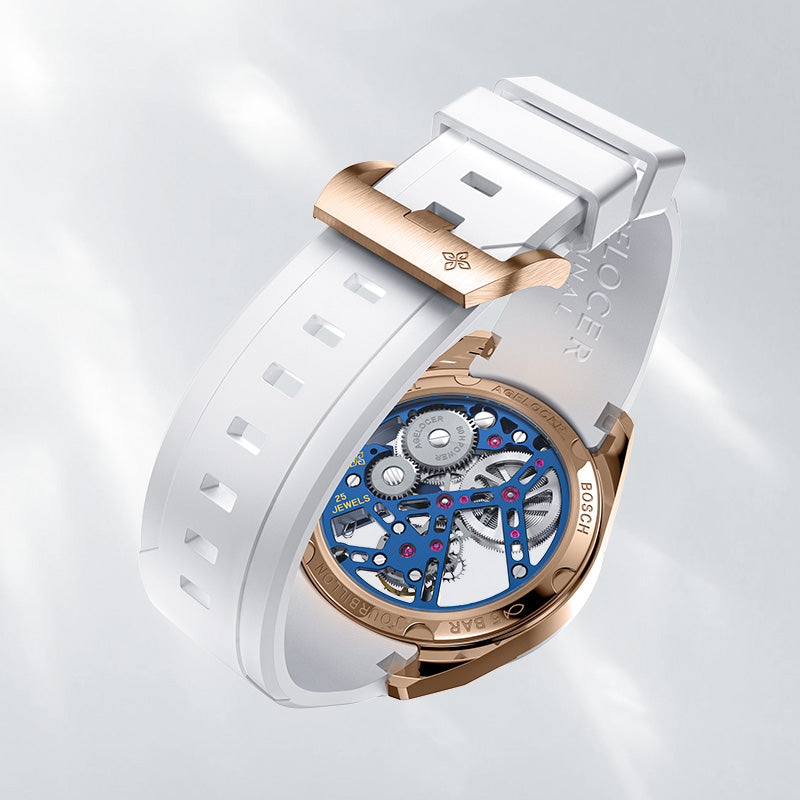 Agelocer rainbow tourbillon white rubber strap and rose gold buckle, exhibition caseback