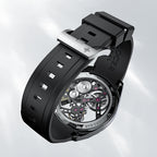 Agelocer Rainbow flying tourbillon watch black rubber strap with signed buckle, detail view
