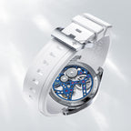 Agelocer rainbow tourbillon watch white rubber strap with signature buckle and blue caseback, close-up detail